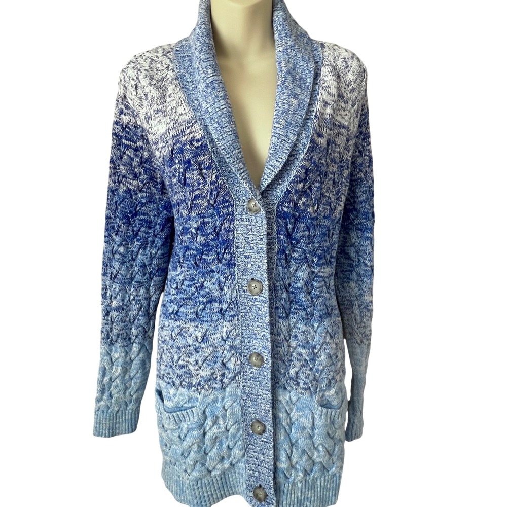 Lands End Drifter Blue White Chunky Cable Knit‎ Cotton Cardigan Sweater Women M